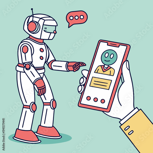 Human Hand Holding Smartphone with User Profile Interacting with Robot - AI Communication Concept