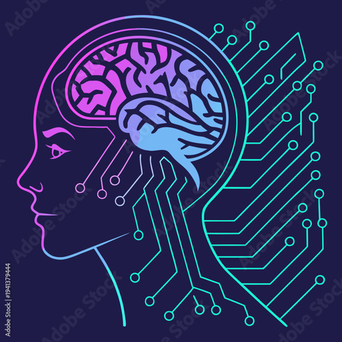 Futuristic AI Brain and Human Head Outline with Circuit Board - Artificial Intelligence and Neural Networks
