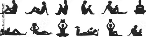 Black Silhouette Vector Set of People Reading Books in Different Poses Including Sitting Lying Down and Relaxing for Library Education Concepts