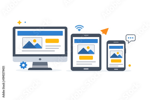 Responsive UI concept depicted by interface screens adapting across desktop tablet and mobile frames with smooth visual balance. The scene communicates