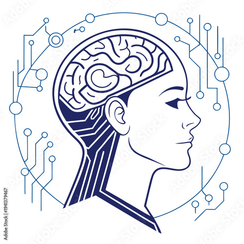 Human Head Outline with Visible Brain and Circuit Board Pattern - AI and Cognitive Technology Concept