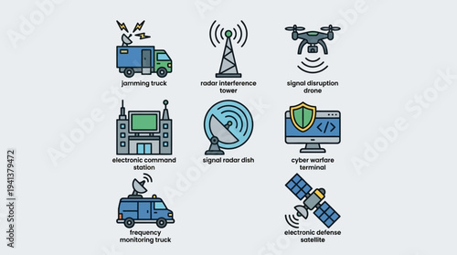 Communication Infrastructure Icons – Satellite, Internet, and Data Systems