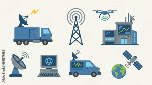 Communication Infrastructure Icons – Satellite, Internet, and Data Systems