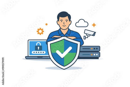 Information security specialist ensuring safe digital workflows. A calm and confident visual metaphor highlighting stability and resilience through shielded