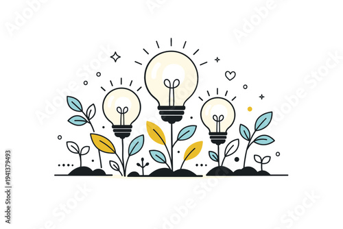Lightbulb garden concept. Glowing lightbulbs growing gently from the ground like plants, calm blend of nature and ideas, quiet creativity mood. Soft leaves and