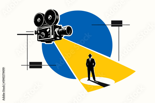 Black-and-white retro film camera as the central object, projecting a bold triangular spotlight beam in flat yellow, a small black-and-white