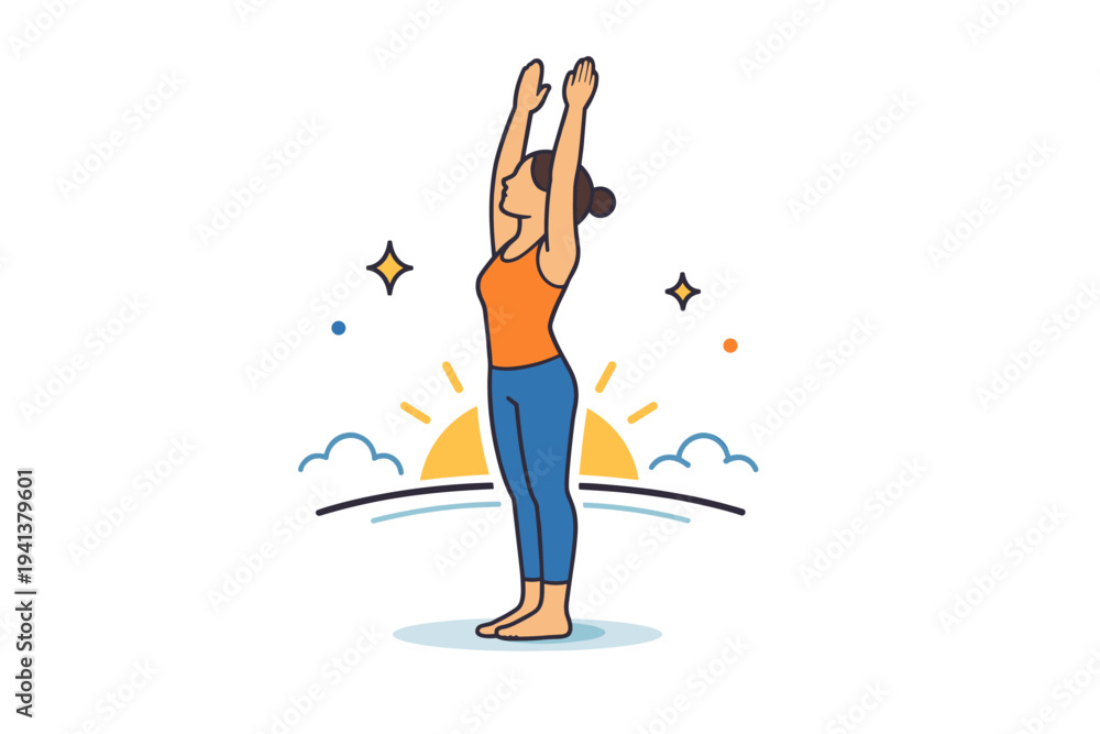 Fototapeta premium Yoga stretching for morning balance focused on a calm standing pose with raised arms and gentle sun elements, expressing awakening, flexibility, and a mindful