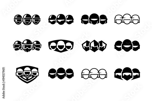 protest movement. Icon set. Set Logo of protest movement: line of helmets. harmonious logo variations of the same emblematic concept, each with different