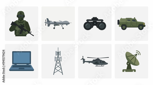 Military Defense Icons – Personnel, Vehicles, and Communication Systems