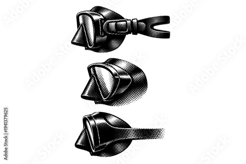 Diving mask side profile. A realistic diving mask is shown as one object presented in three different views focusing on side profile depth, lens angle, and