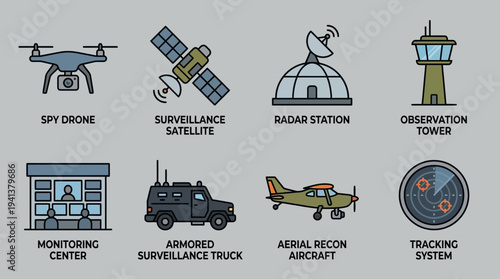 Surveillance Icons – Drones, Satellites, and Monitoring Systems