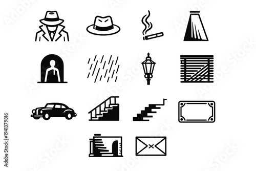 Noir Alley Style. Line icon set of Noir Alley Style: trench coat figure, fedora hat, cigarette smoke, dramatic light beam, shadowed doorway, rain lines,
