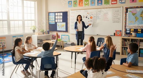 Teacher instructs students in a classroom with visual aids and maps displayed