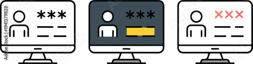 Minimalist computer monitor icon set showing login, authentication, and error notifications with outline, gray, yellow, and red accents