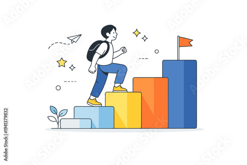 Motivation and growth. A character climbing simple steps made of abstract blocks, steady and optimistic mood. Clean visual metaphor for perseverance and