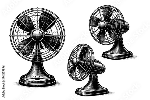 Retro home appliance ? vintage tabletop electric fan with circular wire cage central motor housing and wide base depicted as a single object. Black and white