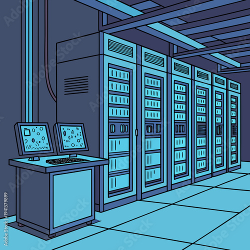 Server Room Interior with Rows of Server Racks and Control Station, Illustrating IT Infrastructure and Network Operations