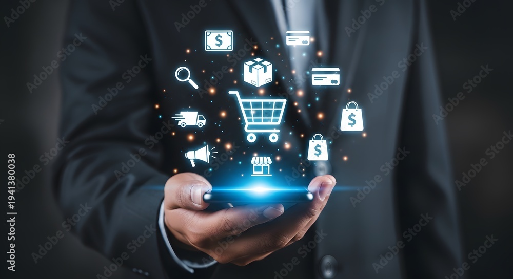 Obraz premium Hand Holding Tablet with Digital Shopping and E-commerce Hologram Icons