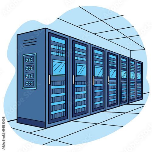 Spacious Data Center Server Room with Rows of IT Server Racks and Network Equipment Illustration