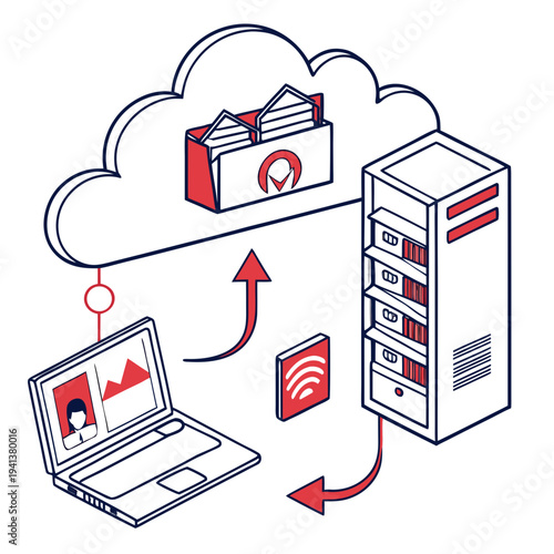 Cloud Computing Data Storage Network Illustration with Laptop, Server, and Wireless Connectivity