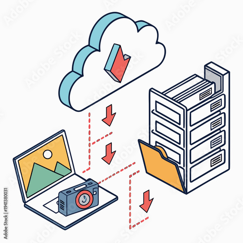 Digital Content Cloud Download Illustration with Camera, Laptop, and Server Storage