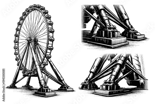 Ferris wheel support leg structure. A realistic ferris wheel shown as one object in three different views, highlighting angled support beams, base connection,