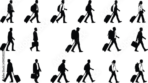 Travelers and business people walking with luggage bags and backpacks silhouette collection isolated vector illustration set