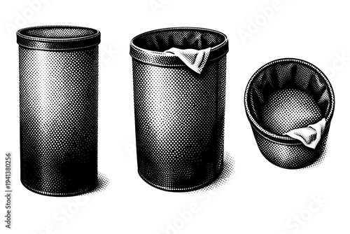Laundry Basket ? realistic tall laundry hamper with cylindrical form and vertical proportions. Black and white dot style with halftone texture and high