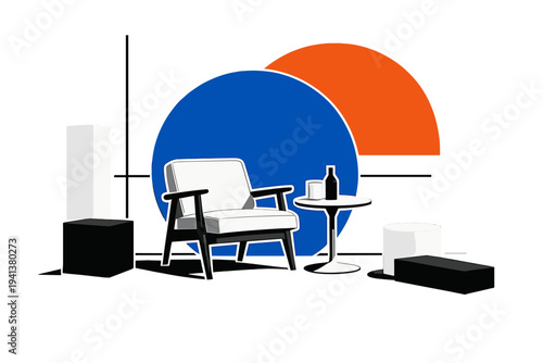 Black and white minimalist interior scene with a mid-century modern armchair and small pedestal table, objects treated as cut-out collage elements with subtle