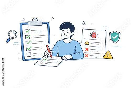 Testing & quality assurance. A QA specialist reviewing a large checklist and bug report card, marking items as complete with a calm and methodical attitude.