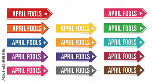 Colorful april fools' day arrow signs in various shapes and hues on white background for prank and joke concepts