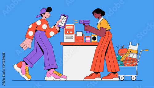 Modern colorful vector illustration of a customer and shopkeeper with shopping cart and smartphone at checkout counter