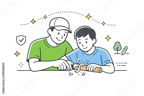 Learning basic carving skills. A mentor gently guiding a beginner while both focus on carefully shaving a wooden stick, creating a calm educational moment.