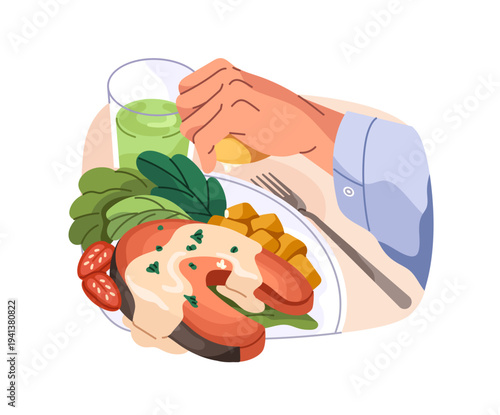Cooking of healthy meal with salmon steak and vegetables. Human hand squeezing lemon juice on fish on plate. Person prepares food for proper nutrition. Flat isolated vector illustration on white