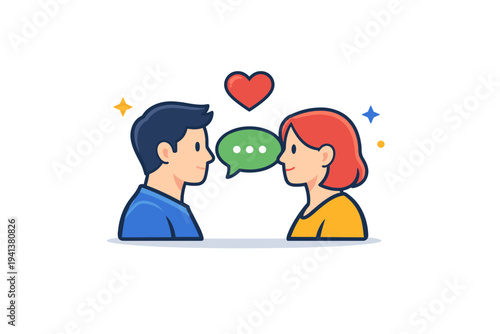 Couples counseling concept two partners facing each other with a small dialogue bubble between them and a subtle heart icon above, representing constructive