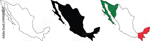 Minimalist Mexico map icon set with outline, black silhouette, and tri-color green, white, red design showing country vector
