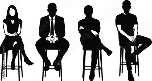 Business people sitting on stools silhouettes, interview candidates waiting or discussion concept vector illustration set