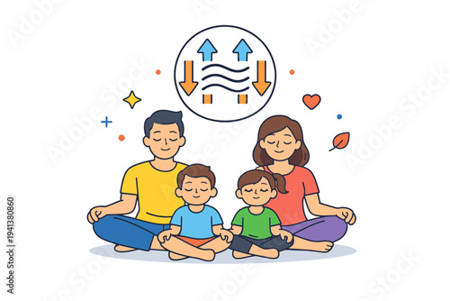Stress relief together family members sitting in a relaxed pose with a shared breathing symbol floating above them, symbolizing collective coping strategies