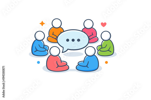 Support group circle several minimal figures arranged in a circle with a shared speech bubble at the center, expressing community, shared experiences, and