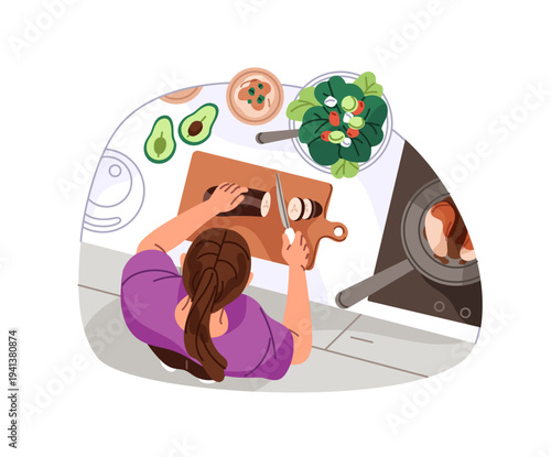 Girl is cooking lunch in kitchen top view. Young woman cuts vegetables on chopping board. Person cooks food for dinner. Character prepares meal. Flat isolated vector illustration on white background