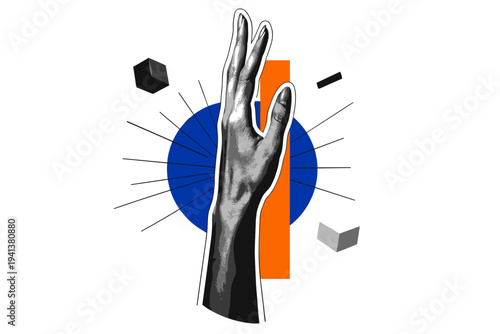 Black and white realistic human hand reaching upward, fingers slightly elongated in surreal proportion, layered cut-out collage with white outline around the