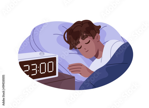 Young man sleeps at night. Black boy goes in bed on time. Asleep person is lying on pillow early. Character reposes, has a nap, bedtime. Flat isolated vector illustration on white background