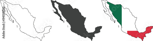 Minimalist Mexico map icon set with outline, black silhouette, and tri-color green, white, red design showing country vector