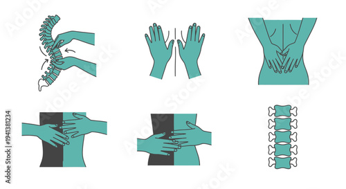 Six illustrations depicting spinal manipulation and body massage techniques