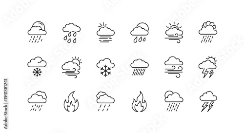 Collection of diverse weather icons depicting various atmospheric conditions and phenomena