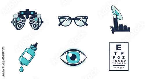 Six ophthalmology icons phoropter glasses contact lens drops eye and eye chart
