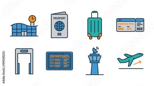 Air Travel Icons – Airport Terminals, Security, and Flight Systems