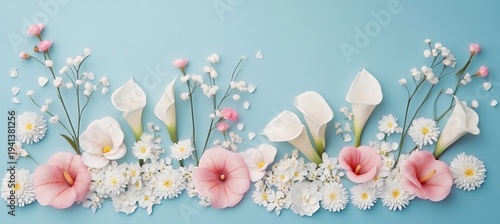 Pastel Spring Flowers in Bloom Calla Lilies, Daisies, and Cosmos on a Serene Azure Blue Canvas