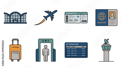 Air Travel Icons – Airport Terminals, Security, and Flight Systems