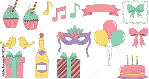 Cute birthday party vector set with cupcakes, balloons, cake, gift boxes and celebration elements cartoon illustration